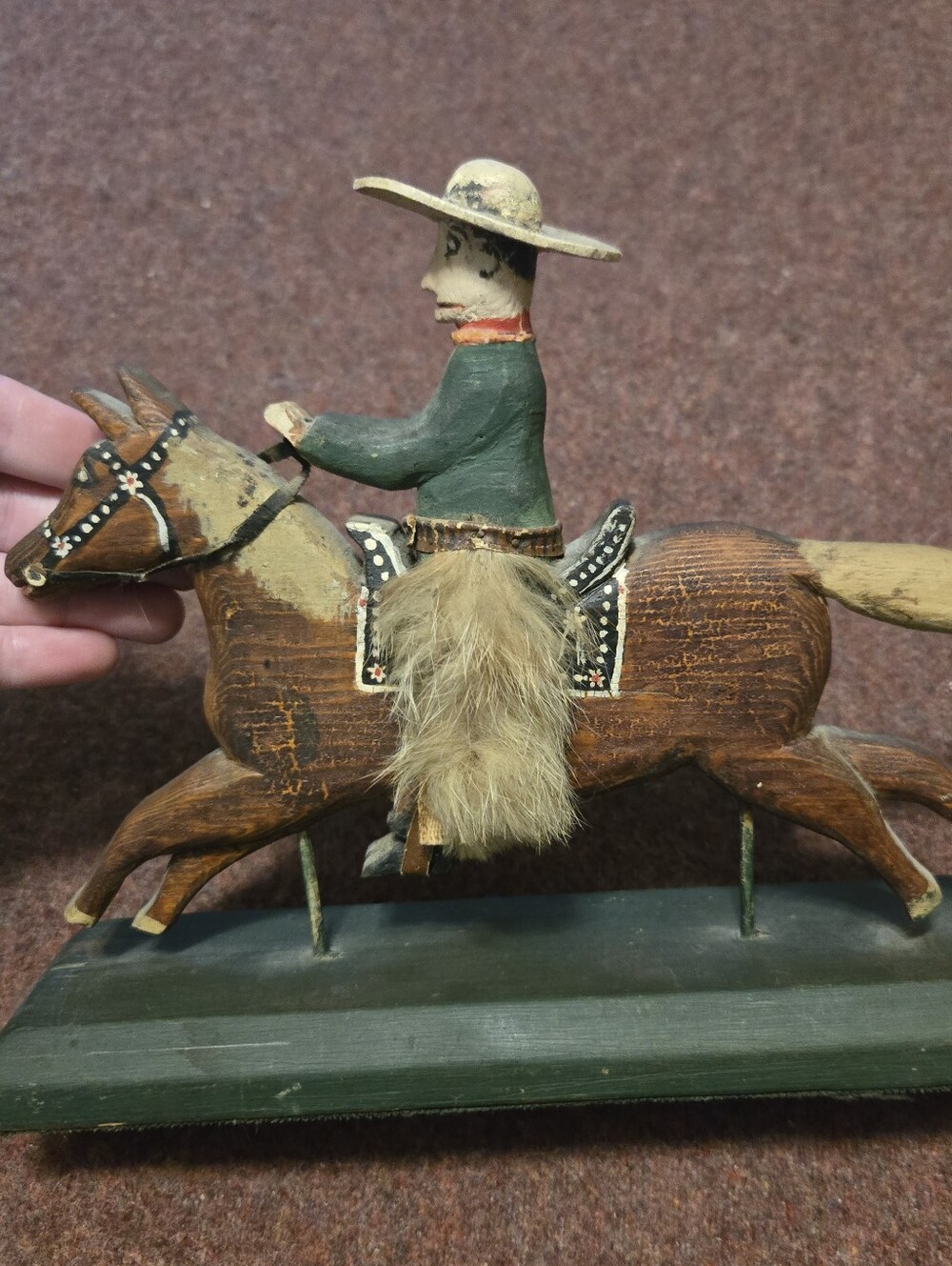 Vintage Folk Art Handpainted Cowboy On Horse With Fur Chaps Hat Brim Not Glued - Picture 6 of 11
